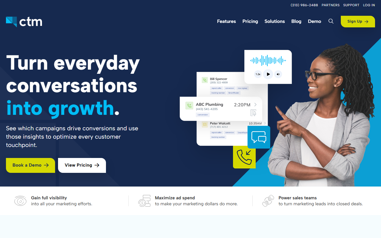 Screenshot of the CallTrackingMetrics homepage captured for this review